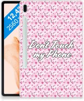 TPU Backcover Samsung Galaxy Tab S7FE Hoesje met Tekst Flowers Pink Don't Touch My Phone met transparant zijkanten