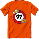 97 Jaar Hoera Verkeersbord T-Shirt | Grappig Verjaardag Cadeau | Dames - Heren | - Oranje - 3XL