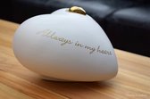 Crematie-as Urn met uw gewenste naam- Hart keramiek Groot Wit met metalen gouden metallic hartje, inhoud 1,40 liter, geschikt voor deelbestemming van volwassen mens, lengte 17 cm,