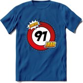 91 Jaar Hoera Verkeersbord T-Shirt | Grappig Verjaardag Cadeau | Dames - Heren | - Donker Blauw - 3XL