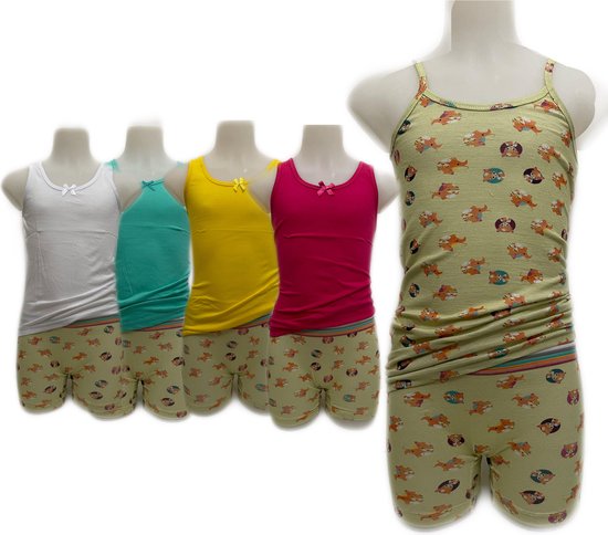 Set van vijf tanktops in wit, cyaan, geel, roze en groen, met bijpassende zachtgroene boxershorts met vossenprint.