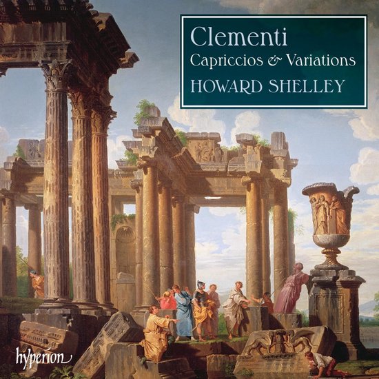 Albumhoes met 'Clementi Capriccios & Variations HOWARD SHELLEY' en een schilderij van klassieke ruïnes met figuren.