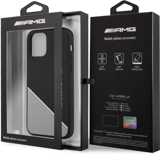 Zwarte AMG telefoonhoes in verpakking, met "SLIM PROFILE", "EASY SNAP-ON" en "DROP PROTECTION".
