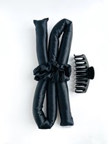 Xenakis Heatless curls - Haarkrullers zonder hitte - Haarrollers - Zwart - Zijde - Heatless haarkruller - Haarkruller met twee scrunchies en haarklem – Cadeau