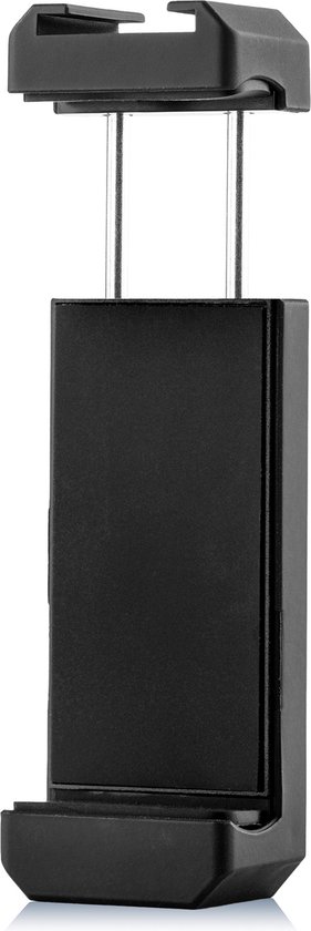 Een zwarte MOJOGEAR universele telefoonhouder. De houder is verstelbaar en heeft een cold shoe mount bovenop.