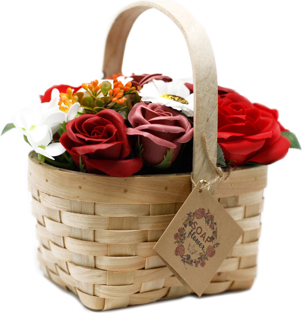 Zeep Bloemen Boeket in Rieten Mand Groot - Rood
