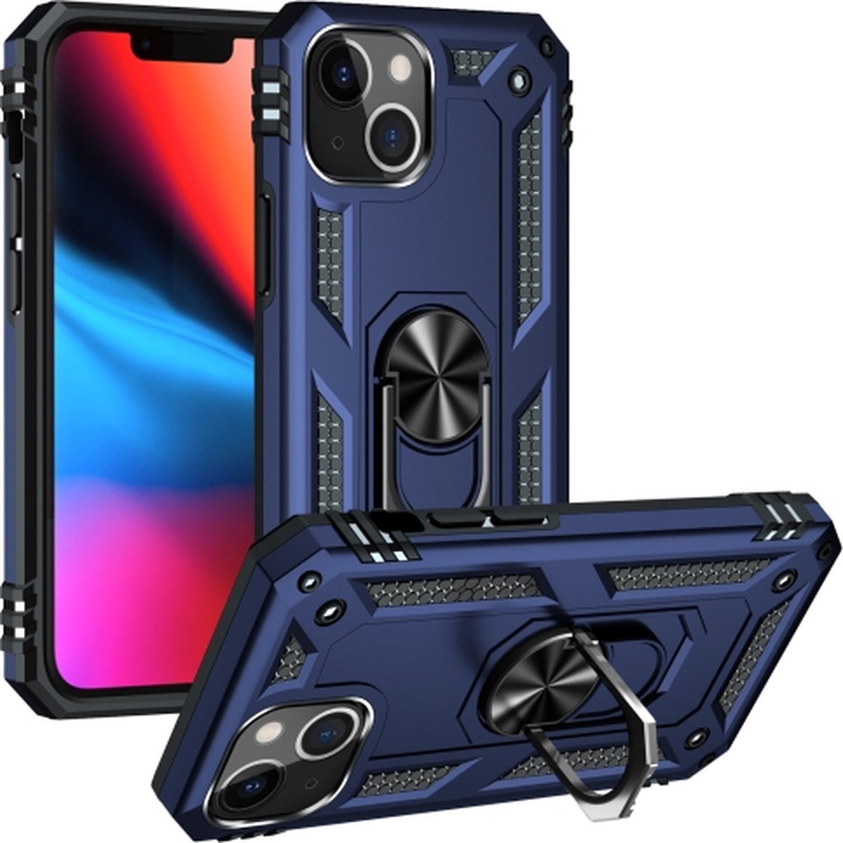 Apple iPhone 13 mini Stevige Magnetische Anti shock ring back cover case- schokbestendig-TPU met stand Blauw + gratis screenprotector