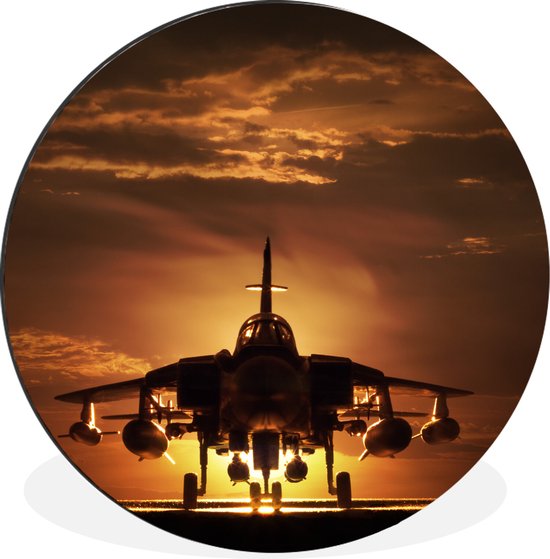 WallCircle - Wandcirkel - Muurcirkel - Een silhouet van een straaljager tijdens een zonsondergang - Aluminium - Dibond - ⌀ 120 cm - Binnen en Buiten XXL
