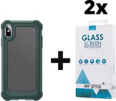 Backcover Shockproof Carbon Hoesje iPhone XS Legergroen - 2x Gratis Screen Protector - Telefoonhoesje - Smartphonehoesje