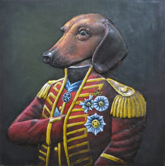 Tableau métal art 3D - chien avec tenue de soldat - portrait animalier - 80x80 cm - metalart