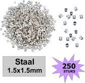 Fako Bijoux® - Knijpkralen - Knijp Kralen - Crimp Beads - Metaal - Tube - 1.5x1.5mm - 250 Stuks - Staalkleurig