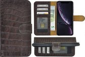 iPhone XR Hoesje Leer - Bookcase - iPhone XR Book Case Wallet Echt Leer Croco Chocoladebruin Cover