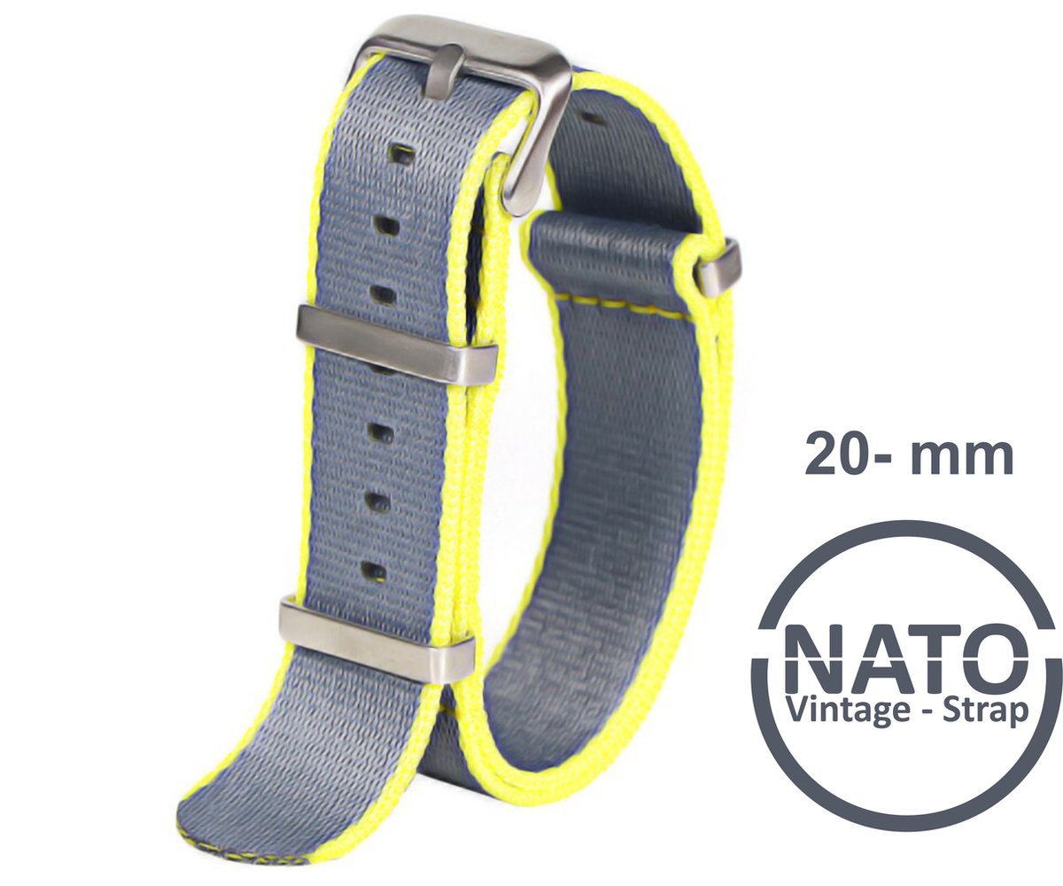 20mm Nato Strap GRIJS GEEL - Vintage James Bond - Nato Strap collectie - Mannen - Horlogeband - 20 mm bandbreedte