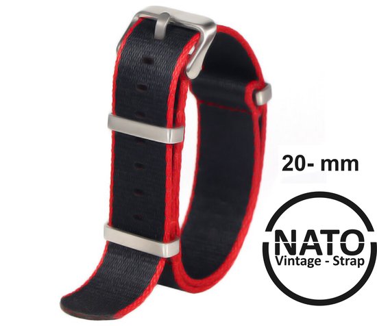 20mm Nato Strap ZWART MET RODE STREEP - Vintage James Bond - Nato Strap collectie - Mannen - Horlogeband - 20 mm bandbreedte