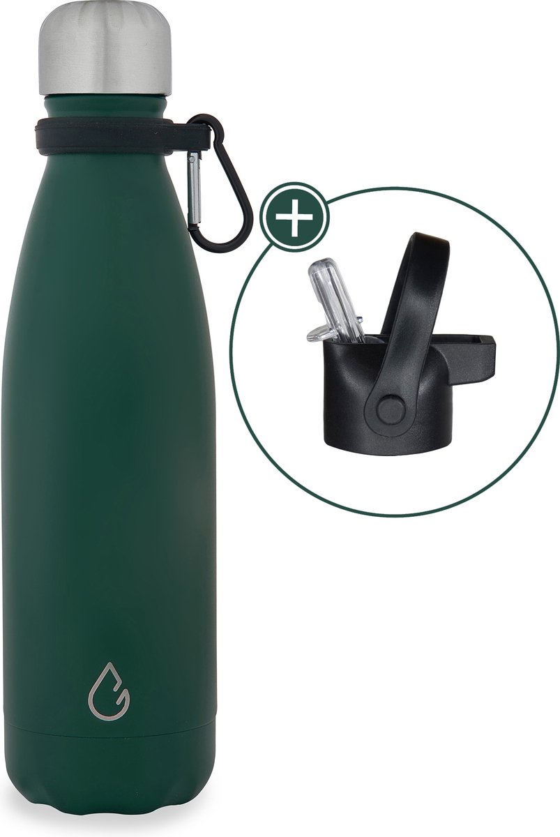 Wattamula Design eco RVS drinkfles - mosgroen - extra dop met rietje en carrier - 500 ml - waterfles - thermosfles - sport