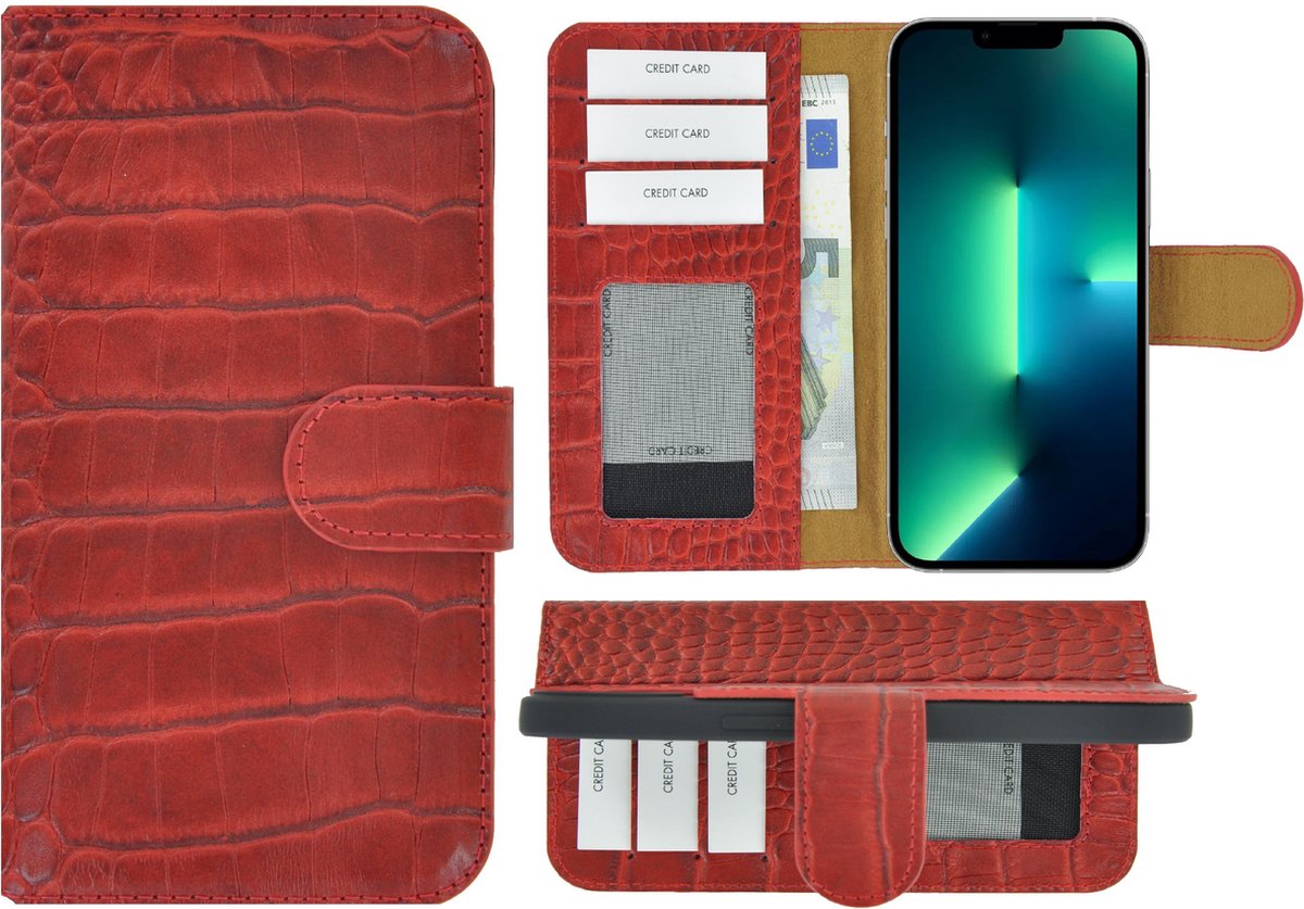 Hoesje Geschikt voor iPhone 13 Pro - Bookcase - Portemonnee Hoes Echt leer Wallet case Croco Rood
