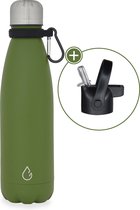 Wattamula Design eco RVS drinkfles - olijfgroen - extra dop met rietje en carrier - 500 ml - waterfles - thermosfles - sport