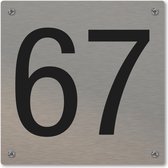 Huisnummerbord - huisnummer 67 - voordeur - 12 x 12 cm - rvs look - schroeven - naambordje nummerbord