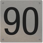 Huisnummerbord - huisnummer 90 - voordeur - 12 x 12 cm - rvs look - schroeven - naambordje nummerbord