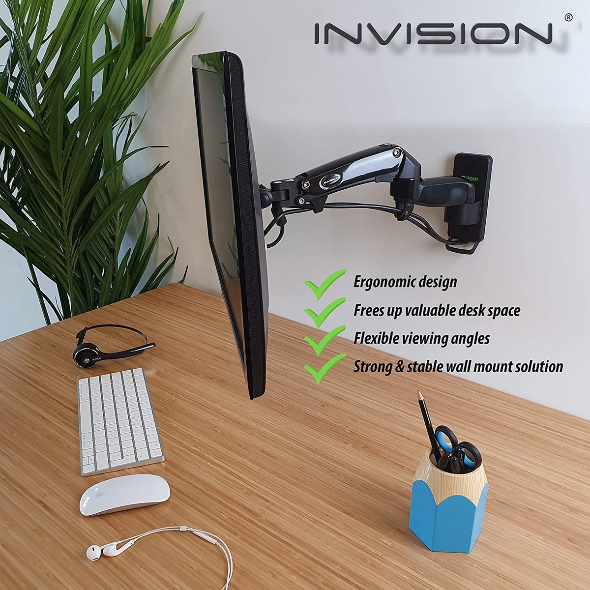 Invision Support Écran PC Moniteur Bras Mural pour Écrans 17-27 Pouces  [43-69cm], VESA 75x75mm et 100x100mm, Hauteur Ergonomique Ajustables  Inclinable Orientable, Capacité 2-7kg (FX100) : : Informatique