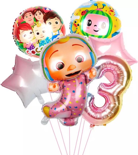 Cocomelon Ballonnen, 6 stuks Folie Ballonnen voor 3e Verjaardagsfeestje Decoratie (3 jaar oud)