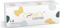 Doos voor lendensteun met 'COMFY CENTRE' logo, in okergeel, grijs en wit.