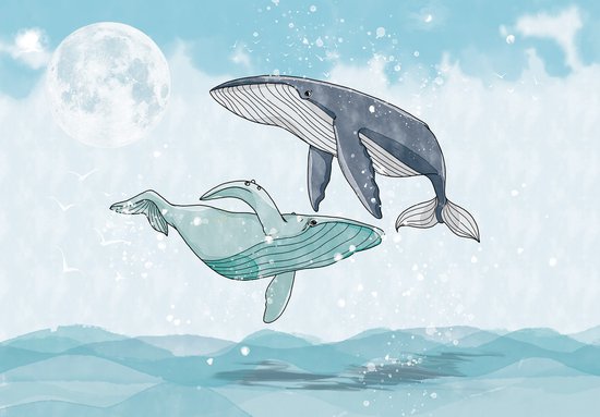 Papier peint photo peints Baleines dans la mer XXL – Papier peint poster chambre d'enfant – 368 x 254 cm – Blauw