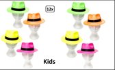 12x Hoed fluor kids 4 kleuren pvc mt.55-58 - Kids festival themafeest fun