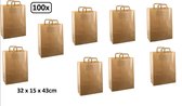 100x Papieren tas 32x15x43cm bruin kraft met platte handgreep -  kraft tas papier draagtas food tas