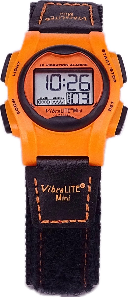 Plashorloge - herinnerings horloge Vibralite Mini - tot wel 12 alarmmomenten per dag -Oranje / zwart-klittenband