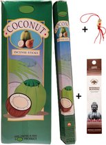 2 Kokers - Wierook - Wierookstokjes - Wierooksticks - Incense sticks - Kokosnoot - Coconut - 40 stokjes + 5 mini wierookstokjes + Gelukspoppetje