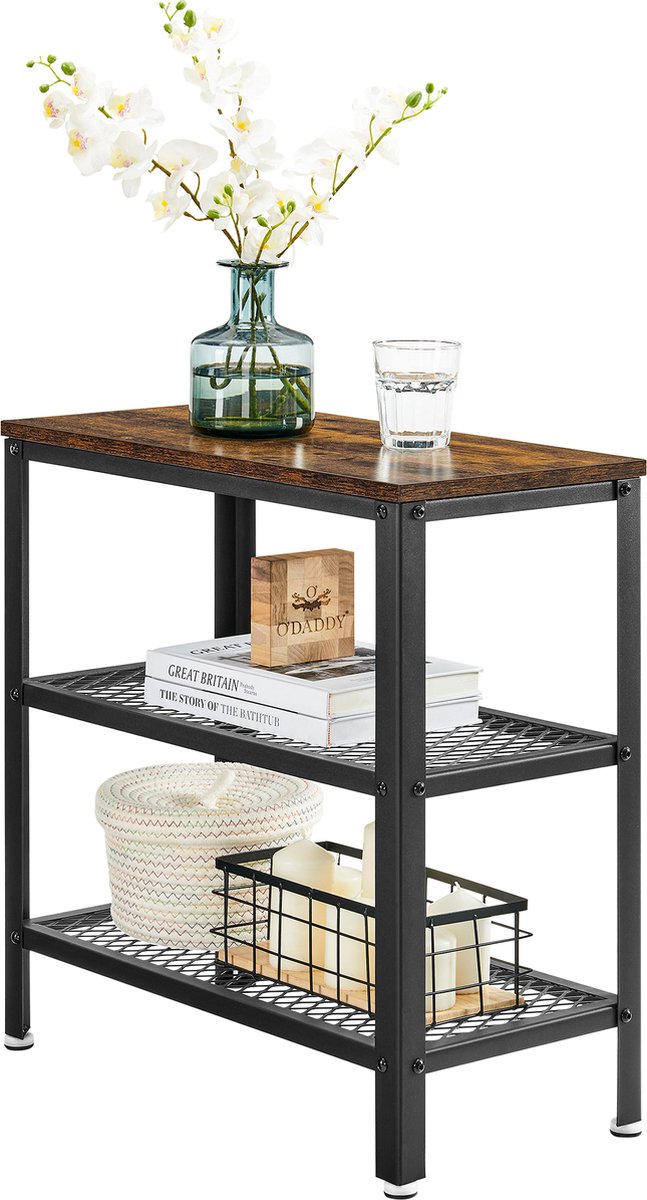 O'DADDY® Industriële Wandtafel - Haltafel - Sidetable Industrieel - Bijzettafeltje met 2 Gaasplanken - Banktafel - Salontafel - Kleine Tafel - Koffietafel - Consoletafel - Dressoir - Rustiek Bruin - 60 x 30 x 60 cm - 3 Niveaus