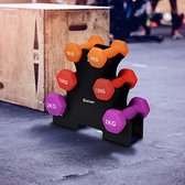 Happygetfit - Dumbbell set, Halters gewichten met dumbbell standaard, 2 x 1 kg, 2 x 1,5 kg, 2 x 2 kg, fitness halterset, gymnastiek dumbbells voor thuis en de sportschool