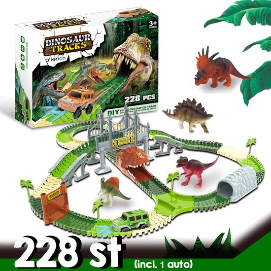 Allerion Dino Racebaan – 228-delig – Dinosaurussen en Auto – Met veel Attributen