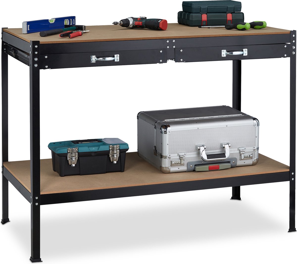 Werkbank eiken werkblad gereedschapswagen 200 cm zwart online kopen - Gratis Verzending