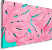 Schilderij - Roze Monstera Blad, Premium Print, roze/groen