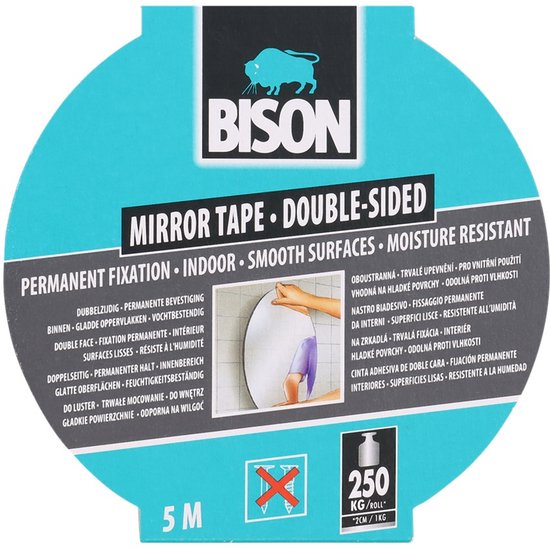 Spiegeltape - Dubbelzijdige tape - BISON - Bison spiegeltape - Vocht bestendig - Multifunctioneel - U kunt alles er mee ophangen - Eenvoudig - Tape - Plakband - 5 meter - NIEUWE UITGAVEN - AWARD WINNER