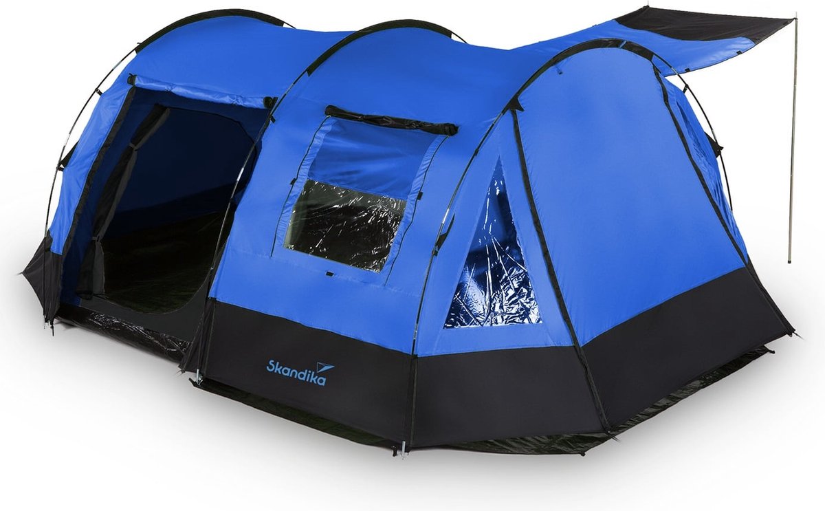 Skandika Kambo 4 Tent – Tunneltenten – Campingtent – Voor 4 personen – 3 ingangen - Tunneltent – Muggengaas – 1 slaapcabine – 420 x 275 x 165 cm (L x B x H) - 3000 mm waterkolom – Outdoor, Camping, Tuin – Kamperen – blauw/zwart