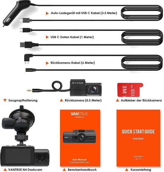 Vantrue N4 3-kanaals Dashcam – 1440P+1440P+1080P – 4K Voorop – Infrarood Nachtzicht – Parkeermodus – G-sensor – Max 512 GB – Supercondensator