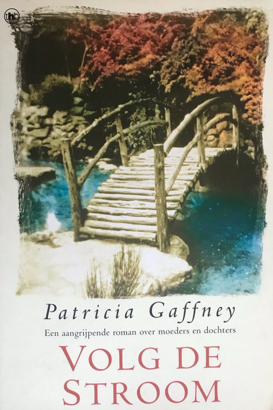 Boekcover van 'Volg de stroom' van Patricia Gaffney, met een houten brug over blauw water, herfstkleuren.