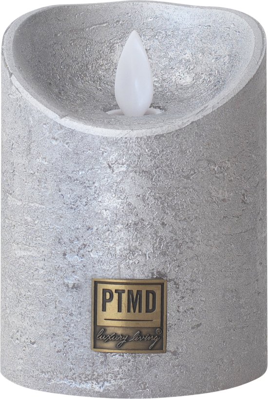 PTMD LED Kaars rustiek metallic zilver 10 x 10 x 15 cm. - PTMD LED Light Candle metallic silver moveable flame L