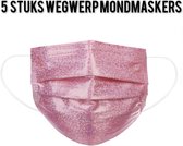 Glitter wegwerp mondmaskers - Roze - per 5 stuks