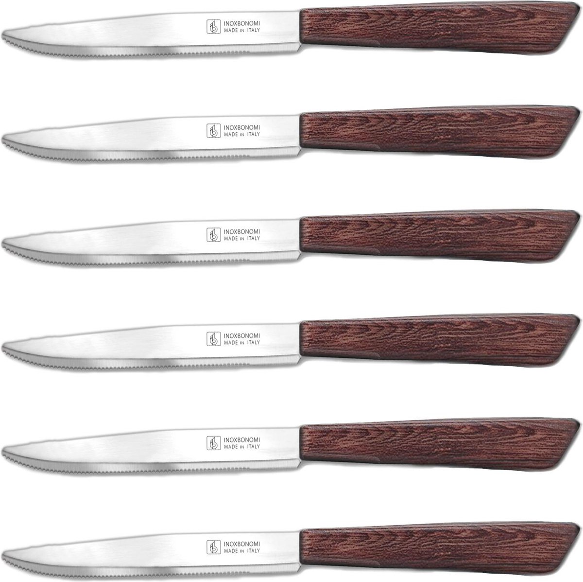 INOXBONOMI - Tafelmes 6 stuks - Tomaatmes - Steakmes - Italiaanse messen - Bruin kunststof met houtnerf