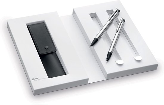 LAMY Logo Set 899 van roestvrij staal in geborsteld roestvrij staal: Balpen 206 grote vulling M 16 zwart en vulpotlood 106 met fijne lijnvulling M 40 (0 ,7 mm) - incl. lederen etui zwart