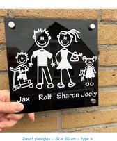 Naambordje Familie - Zwart plexiglas - 20 cm x 20 cm - keuze uit diverse figuurtjes