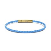 CO88 Collection 8CB-90913 Bracelet Acier - Femme - Cuir - Tressé - 18,5 cm - Blauw Clair - 3 mm - Doré