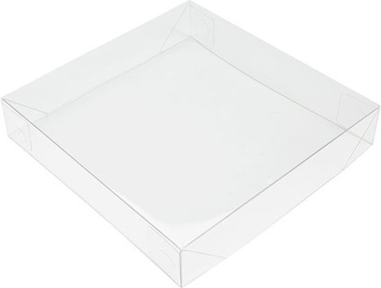 Boîte carrée transparente avec fond plat et côtés pliables.