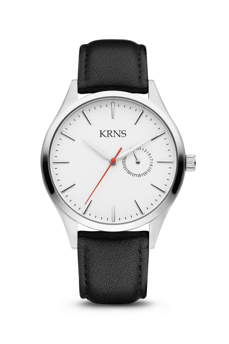 KRNS 1010 - Horloge - Analoog - Heren - Mannen - Leren band - Zwart - Zilverkleurig - Wit