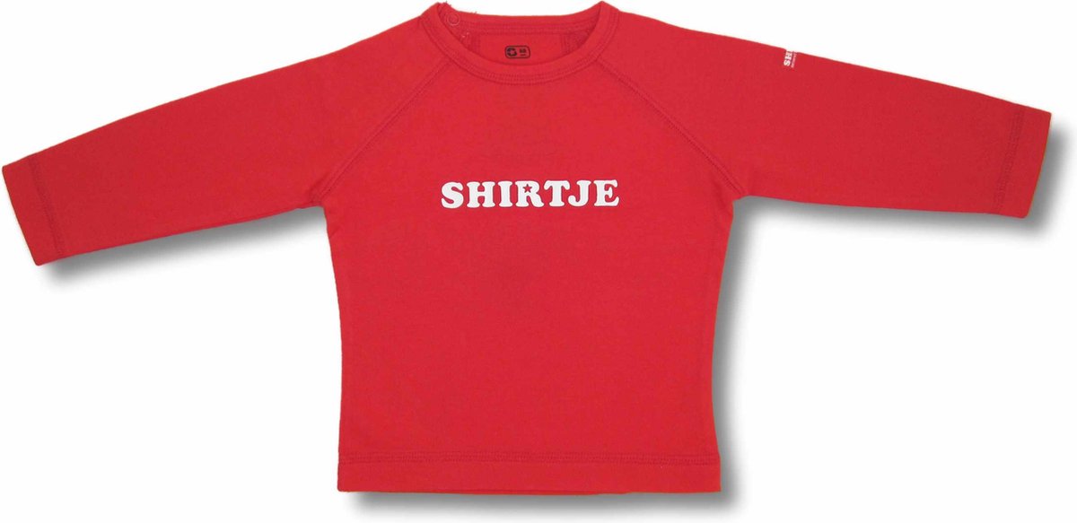 Twentyfourdips | T-shirt lange mouw baby met print 'Shirtje' | Rood | Maat 68 | In giftbox