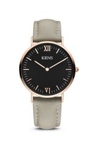 KRNS 1013 - Horloge - Analoog - Dames - Vrouwen - Leren band - Grijs - Rosékleurig - Zwart